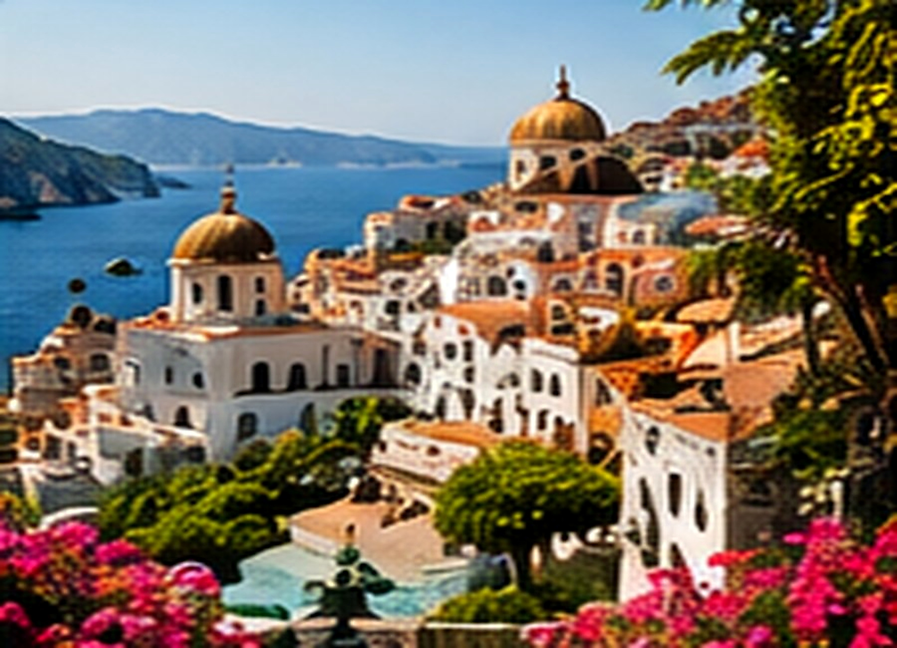 Colorful hillside town overlooking a blue bay