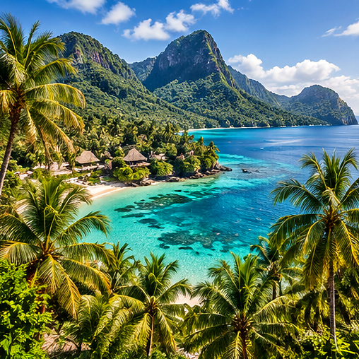 Palm-fringed tropical lagoon and island scenery