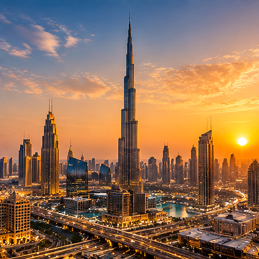 Modern city skyline at sunset