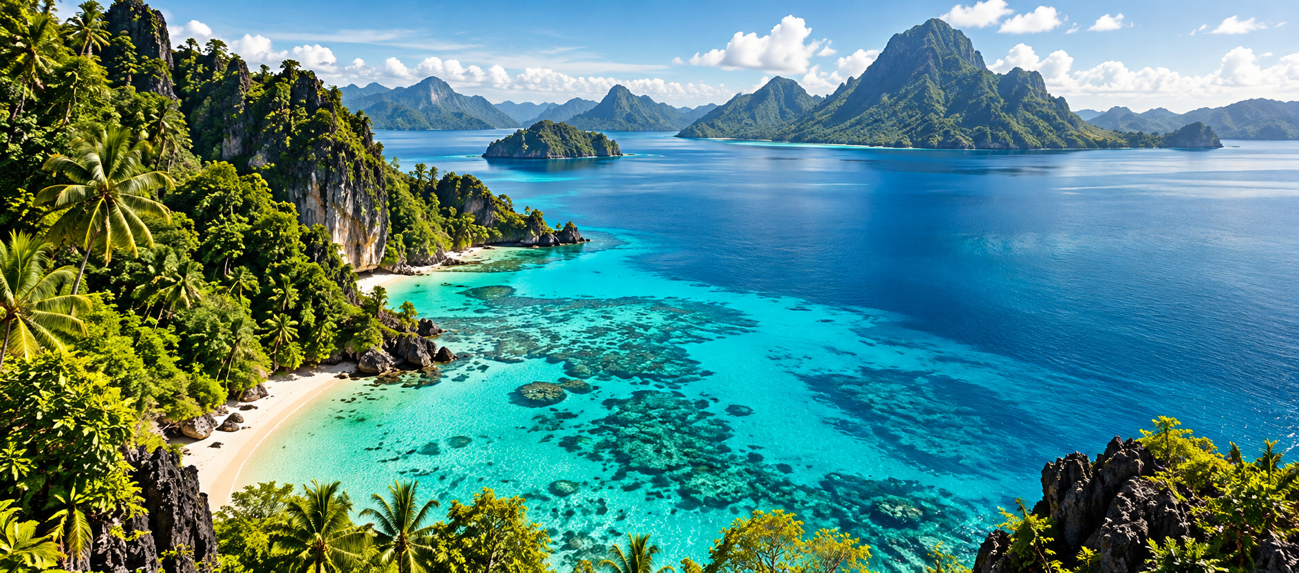 Turquoise sea and rugged tropical coastline