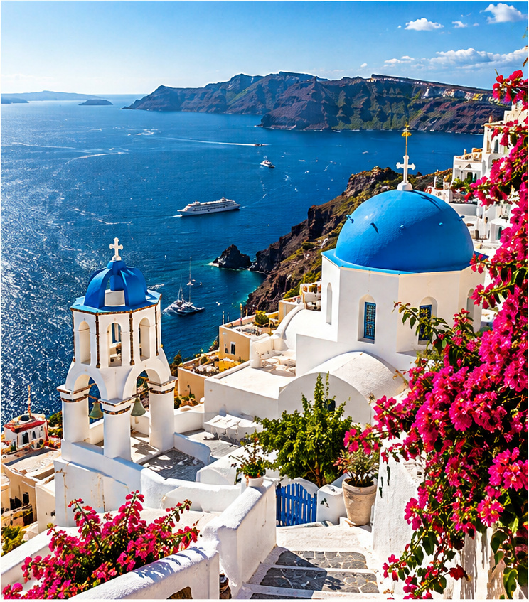 Santorini-style whitewashed architecture, vivid blue domes and the deep blue Aegean Sea